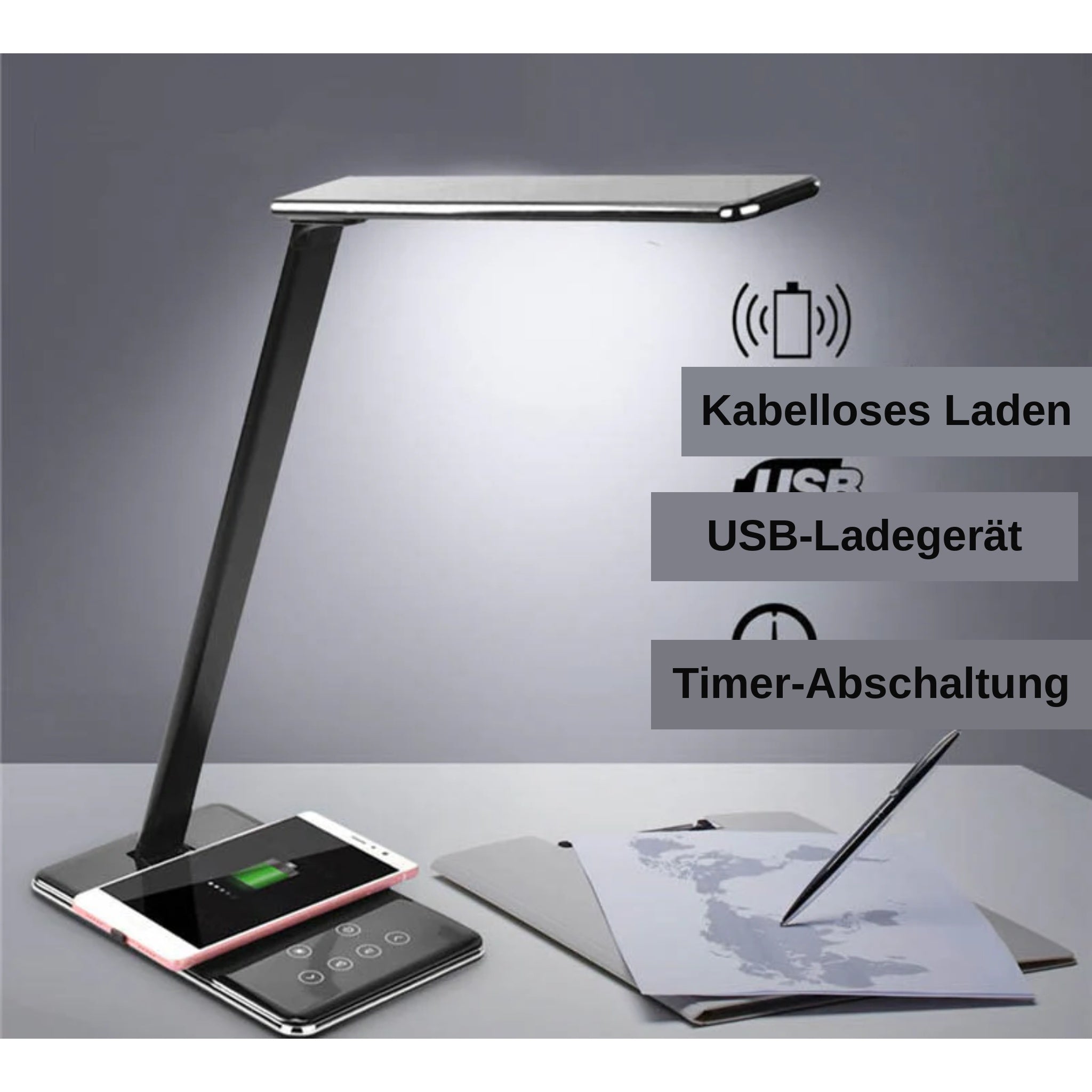3-in-1 LED Schreibtischlampe: Kabelloses Laden, Augenschutz & Modernes Design