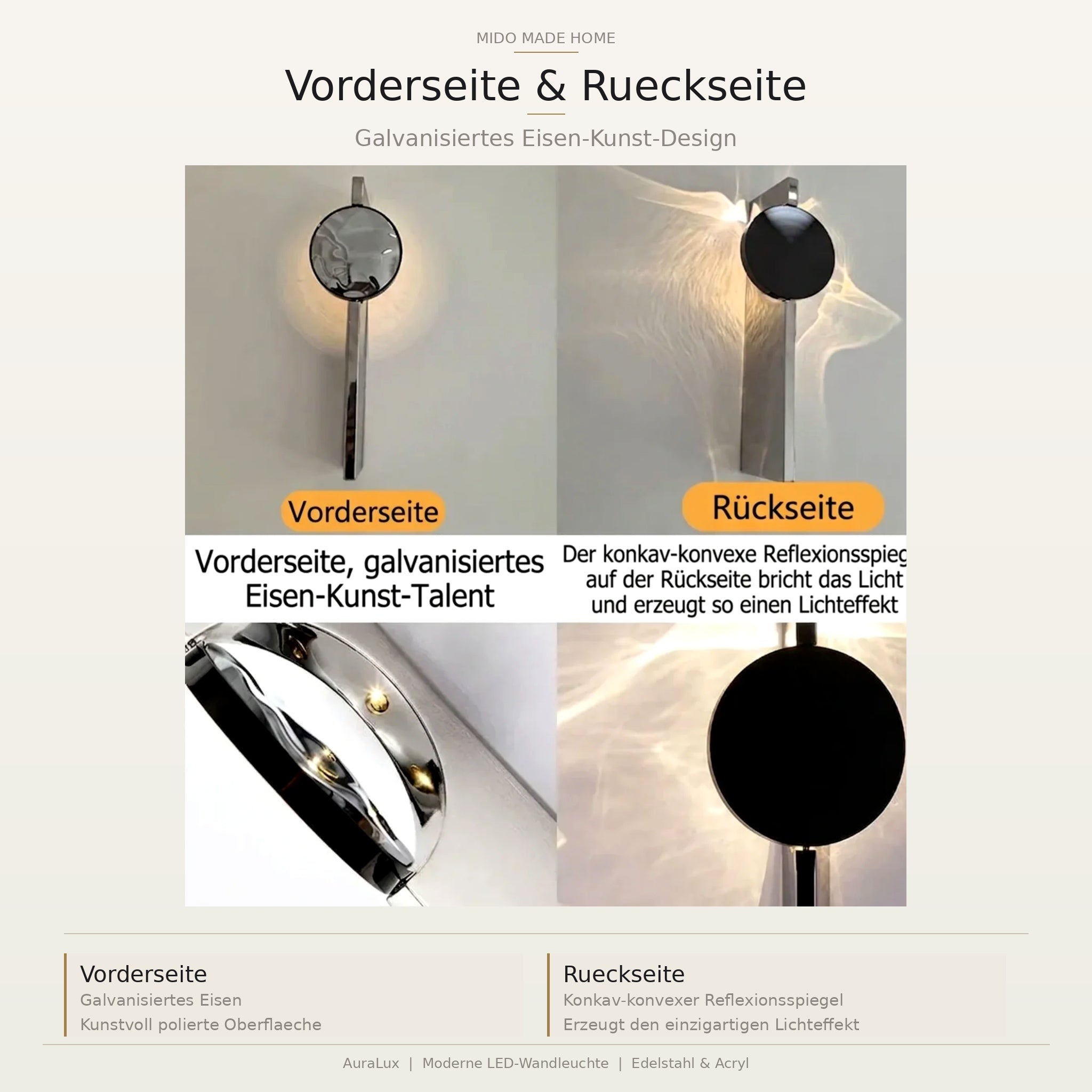 Mido Made Home | AuraLux™ Moderne skulpturale Wandleuchte aus Edelstahl
