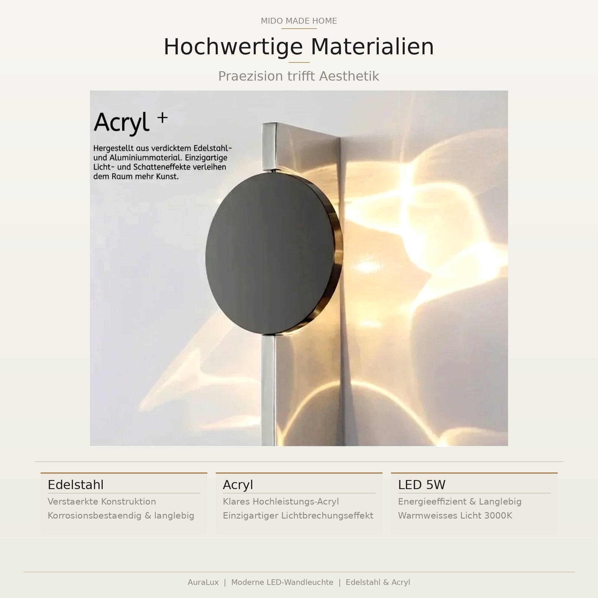 Mido Made Home | AuraLux™ Moderne skulpturale Wandleuchte aus Edelstahl